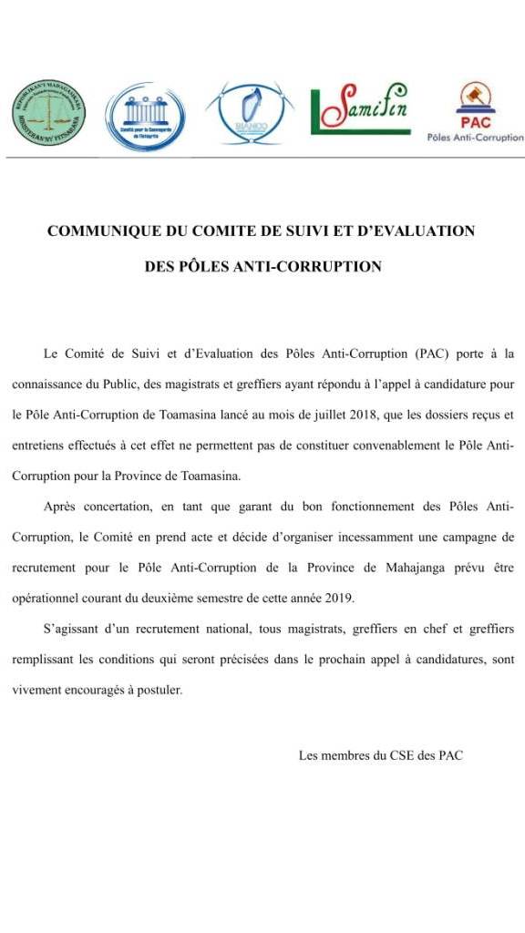 Communiqué du Comité de Suivi et d'évaluation  des Pôles Anti-Corruption