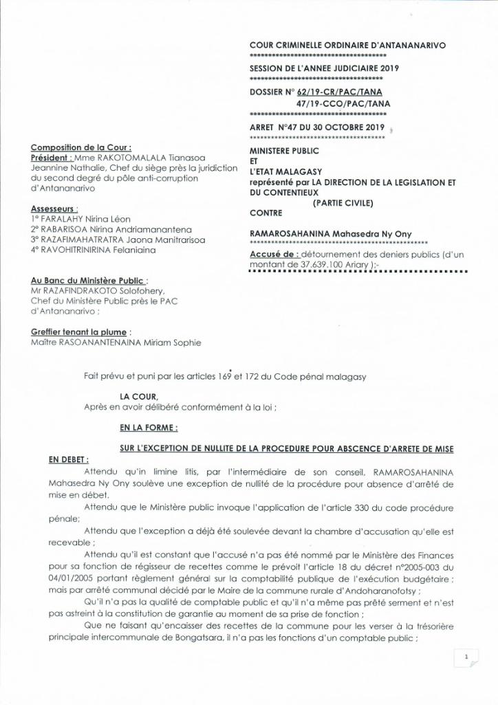 Arrêt N°47 du 30 Octobre 2019 Dossier N°62/19-CR/PAC/TANA  N° 47/19-CCO/PAC/TANA